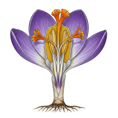 Cross-sectional illustration of a Crocus (flowers), showing internal parts such as stem, petals, and reproductive organs