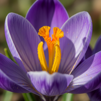 Detailed macro image of a Crocus (flowers), focusing on the intricate structure of petals, stamens, and pistil