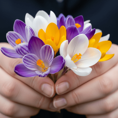 Photograph of a Crocus (flowers) being held or interacted with by a person in a gentle way