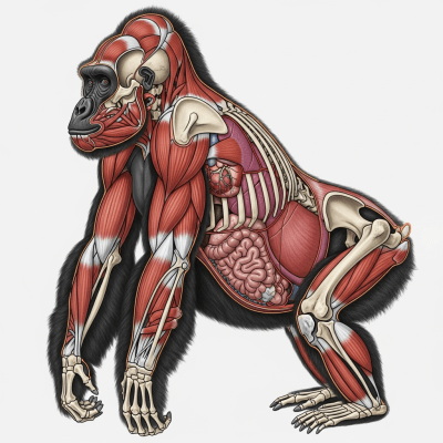 Detailed anatomical illustration of a Cross River gorilla (subspecies), part of the taxonomy apes