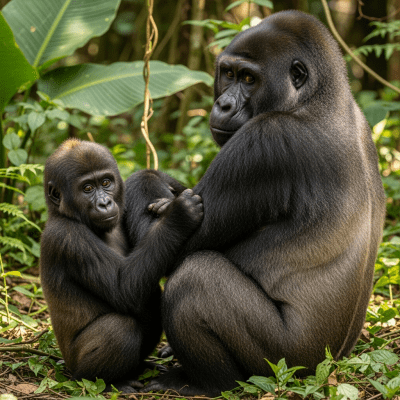 Photograph of a juvenile Cross River gorilla (subspecies) (apes) alongside an adult in their environment