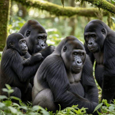 Image showing a group of Cross River gorilla (subspecies) (apes) engaging in typical social behavior