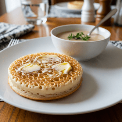 Photograph of Crumpet, shown being served or eaten as part of a meal