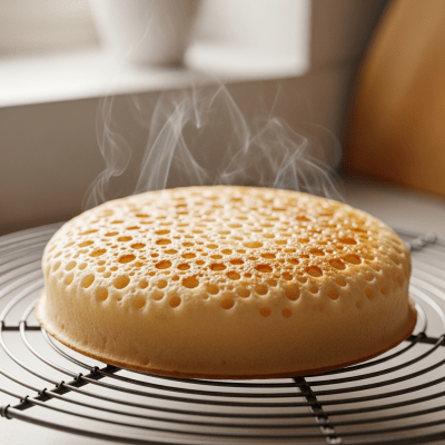 Photograph of freshly baked Crumpet, cooling on a wire rack
