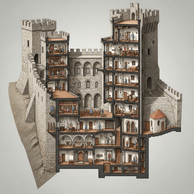 A detailed cross-sectional illustration of a Crusader Castle, from the castles taxonomy