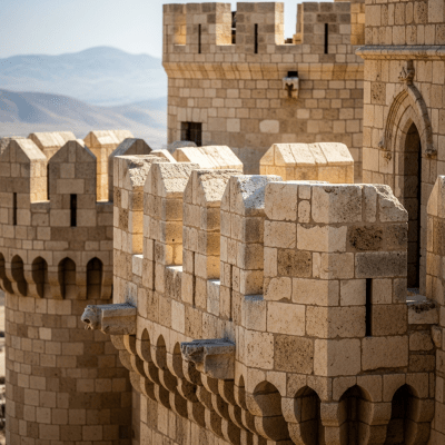 A close-up image focusing on unique architectural details of a Crusader Castle, from the castles taxonomy