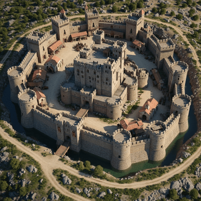 A bird's-eye view rendering of a Crusader Castle, classified in the castles taxonomy