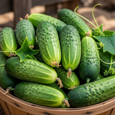 Image showing freshly harvested Cucumber, displayed in a farmer's market basket or crate