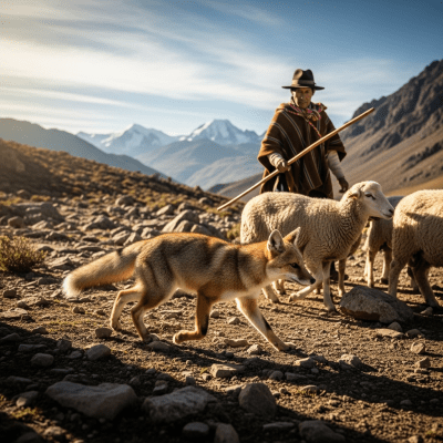 Image of a Culpeo interacting with humans in a cultural or practical context