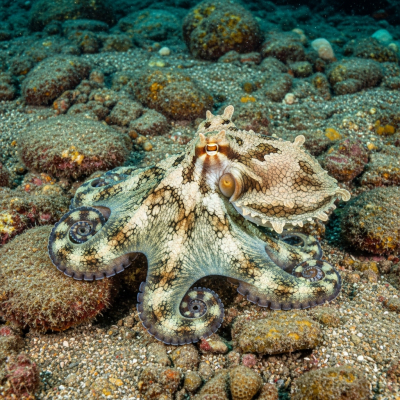 Illustration of a Curled Octopus displaying camouflage behavior within its environment, blending into rocks, sand, or coral