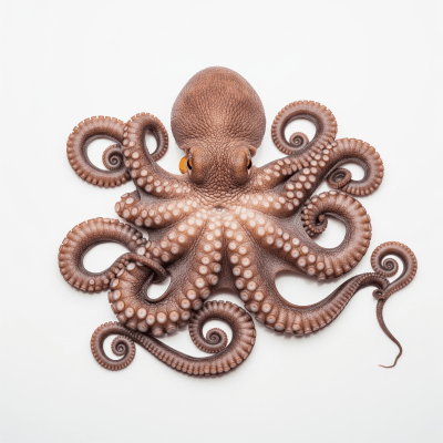 High quality studio photograph of a single Curled Octopus