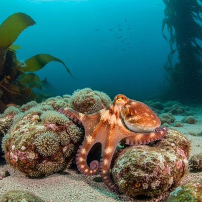 A realistic underwater scene featuring a Curled Octopus of the taxonomy octopuses in its natural marine environment