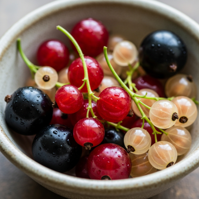 A high resolution image of several fresh Currants arranged in a simple bowl, representing their use within the taxonomy berries