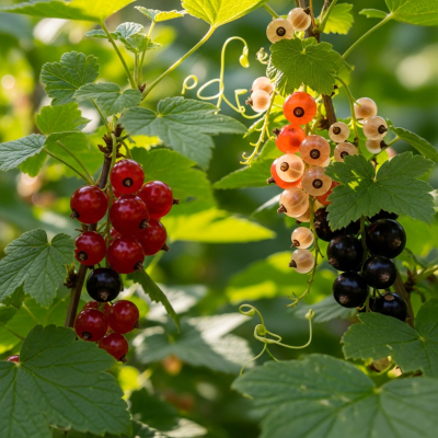 A naturalistic photograph of a Currant growing on its plant in its typical environment, representing the taxonomy berries