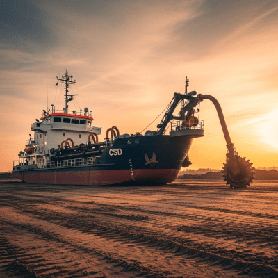 Editorial-style hero shot of a Cutter suction dredger (CSD) (excavators), dramatically lit at sunset on an open site.