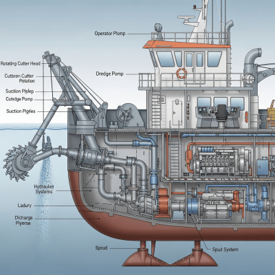 Detailed cross-sectional illustration of a Cutter suction dredger (CSD) from the excavators taxonomy