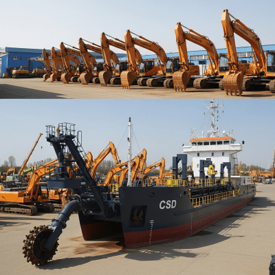 A wide-angle image of a fleet of various excavators, with the specific Cutter suction dredger (CSD) in the foreground for emphasis