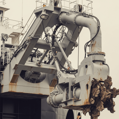 A close-up photograph focusing on the bucket and arm of a Cutter suction dredger (CSD) (excavators), showing details such as hydraulic lines, metal textures, and wear marks