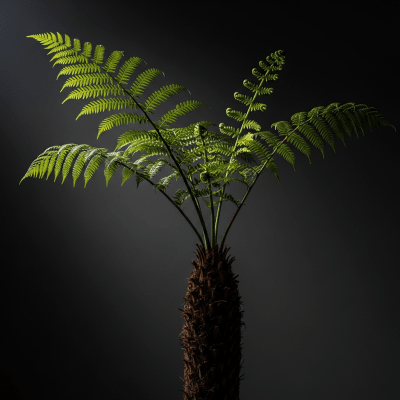 Editorial-style image of a Cyatheaceae (family), of the taxonomy ferns, arranged heroically with dramatic lighting and shallow depth of field to emphasize its form and beauty.