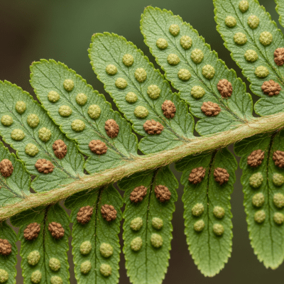 Detailed macro image of the fronds and leaflets of a Cyatheaceae (family), focusing on texture, venation, and sori (spore cases) if visible