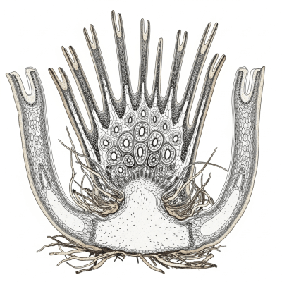 Cross-sectional illustration or photograph of a Cyatheaceae (family), showing internal structure such as rhizome, roots, and vascular bundles