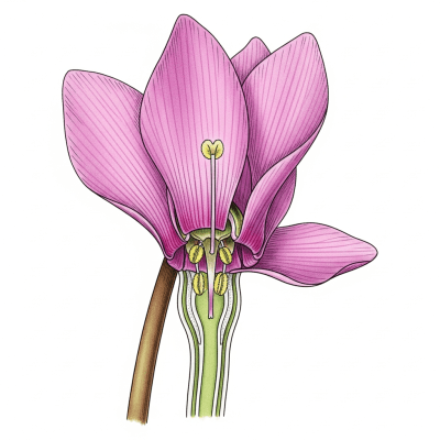 Cross-sectional illustration of a Cyclamen (flowers), showing internal parts such as stem, petals, and reproductive organs