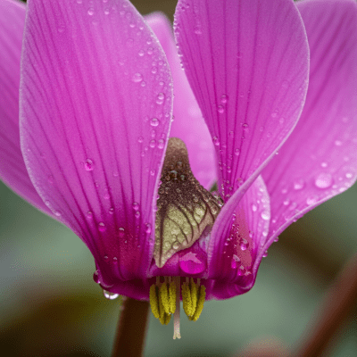 Detailed macro image of a Cyclamen (flowers), focusing on the intricate structure of petals, stamens, and pistil