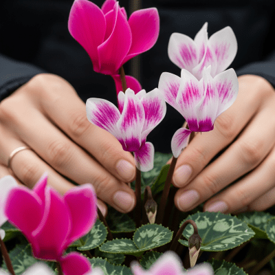 Photograph of a Cyclamen (flowers) being held or interacted with by a person in a gentle way