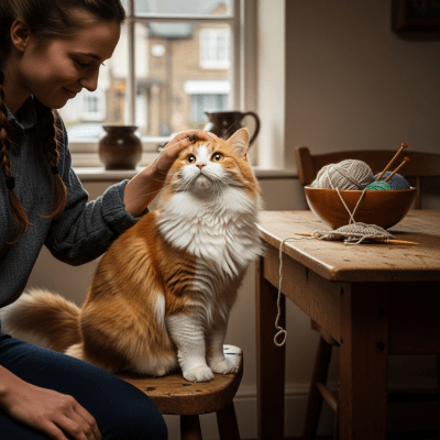 Image of a Cymric interacting with humans or participating in cultural activities