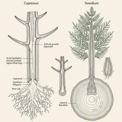 Detailed botanical illustration of the internal structure of a Cypress