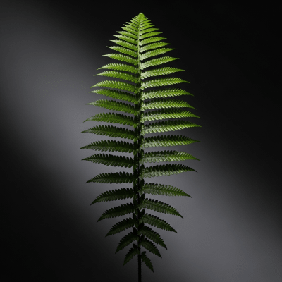 Editorial-style image of a Cyrtomium falcatum, of the taxonomy ferns, arranged heroically with dramatic lighting and shallow depth of field to emphasize its form and beauty.