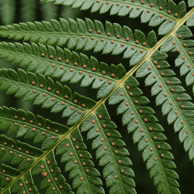 Detailed macro image of the fronds and leaflets of a Cyrtomium falcatum, focusing on texture, venation, and sori (spore cases) if visible