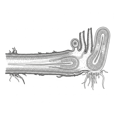 Cross-sectional illustration or photograph of a Cyrtomium falcatum, showing internal structure such as rhizome, roots, and vascular bundles