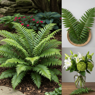 Image depicting a Cyrtomium falcatum as traditionally used by humans, such as in ornamental garden settings, floral arrangements, or as part of indigenous cultural practices