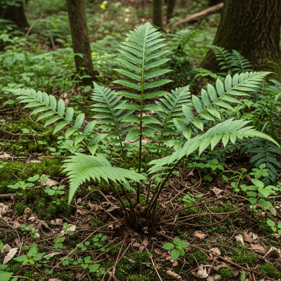 Photograph of a Cyrtomium falcatum, of the taxonomy ferns, shown growing in its natural environment, such as a forest understory or shaded woodland