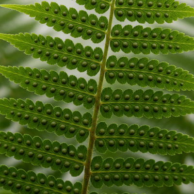 Photograph of a mature Cyrtomium falcatum, with visible sporangia or sori on the underside of its fronds, highlighting its reproductive structures