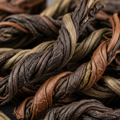 Macro photograph focusing on the texture and details of Da Hong Pao leaves, within the taxonomy teas