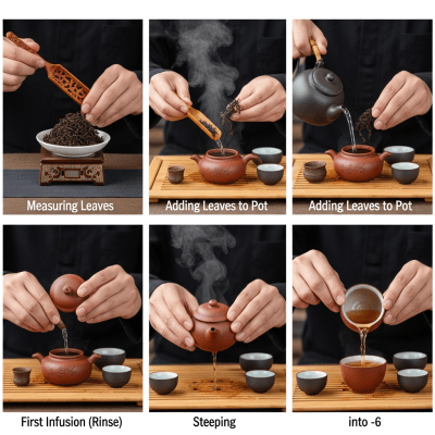 Step-by-step visual depiction showing the preparation process for Da Hong Pao, within the taxonomy teas