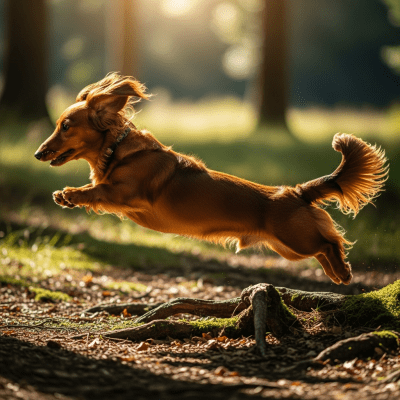 Full body action shot of a Dachshund