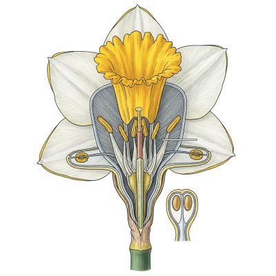 Cross-sectional illustration of a Daffodil (flowers), showing internal parts such as stem, petals, and reproductive organs