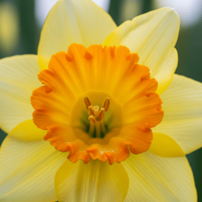 Detailed macro image of a Daffodil (flowers), focusing on the intricate structure of petals, stamens, and pistil