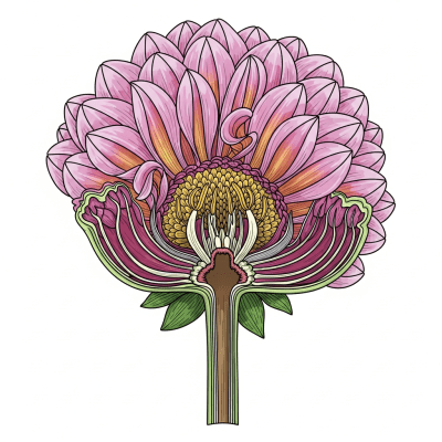 Cross-sectional illustration of a Dahlia (flowers), showing internal parts such as stem, petals, and reproductive organs