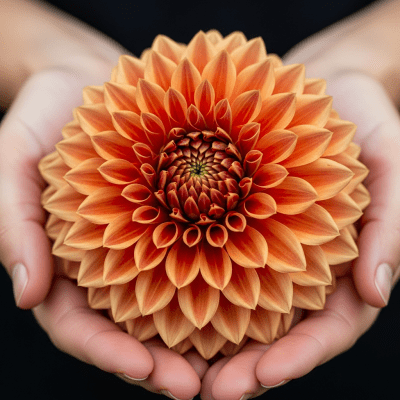 Photograph of a Dahlia (flowers) being held or interacted with by a person in a gentle way