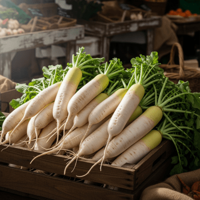 Image showing freshly harvested Daikon, displayed in a farmer's market basket or crate
