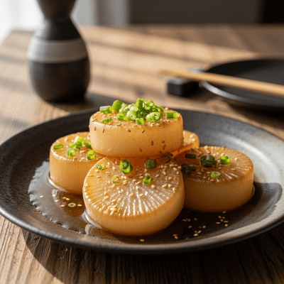 Photograph of a prepared dish or serving featuring the Daikon, as commonly used in cuisine within the taxonomy vegetables