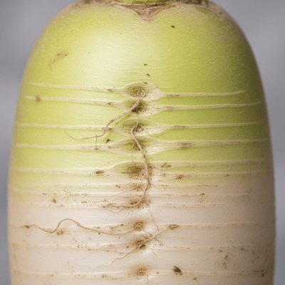 Close-up macro photograph of surface details and textures of a single Daikon