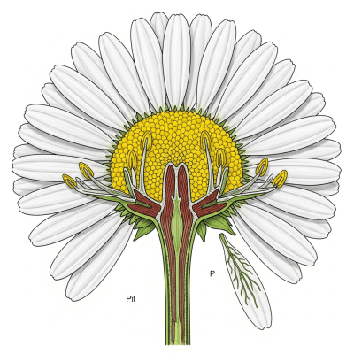 Cross-sectional illustration of a Daisy (flowers), showing internal parts such as stem, petals, and reproductive organs