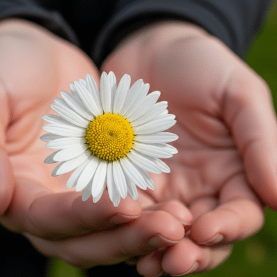 Photograph of a Daisy (flowers) being held or interacted with by a person in a gentle way