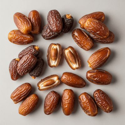 An overhead view photograph of several pieces of the Date, from the fruits taxonomy, arranged aesthetically on a plain background
