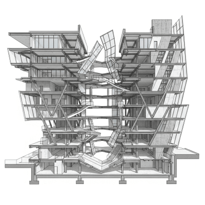 Detailed cross-sectional illustration or cutaway view showing the internal layout and key structural elements of the Deconstructivism (architecture)